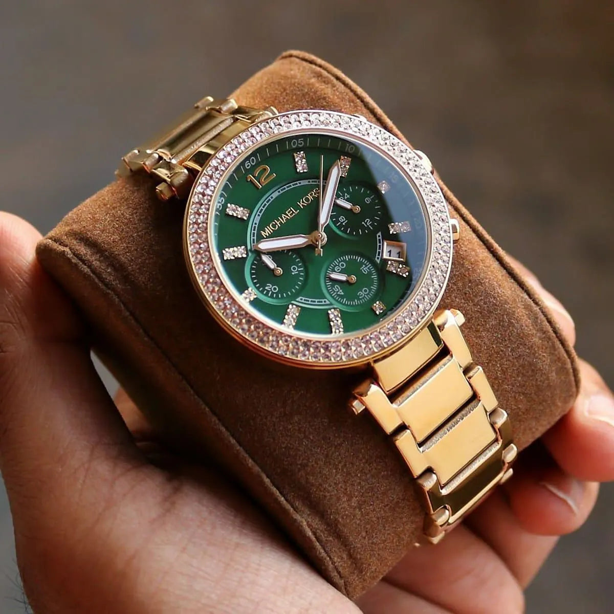 Michael Kors Parker MK6263 39mm Women's Chronograph Watch – Green with Gold Stainless Steel Bracelet