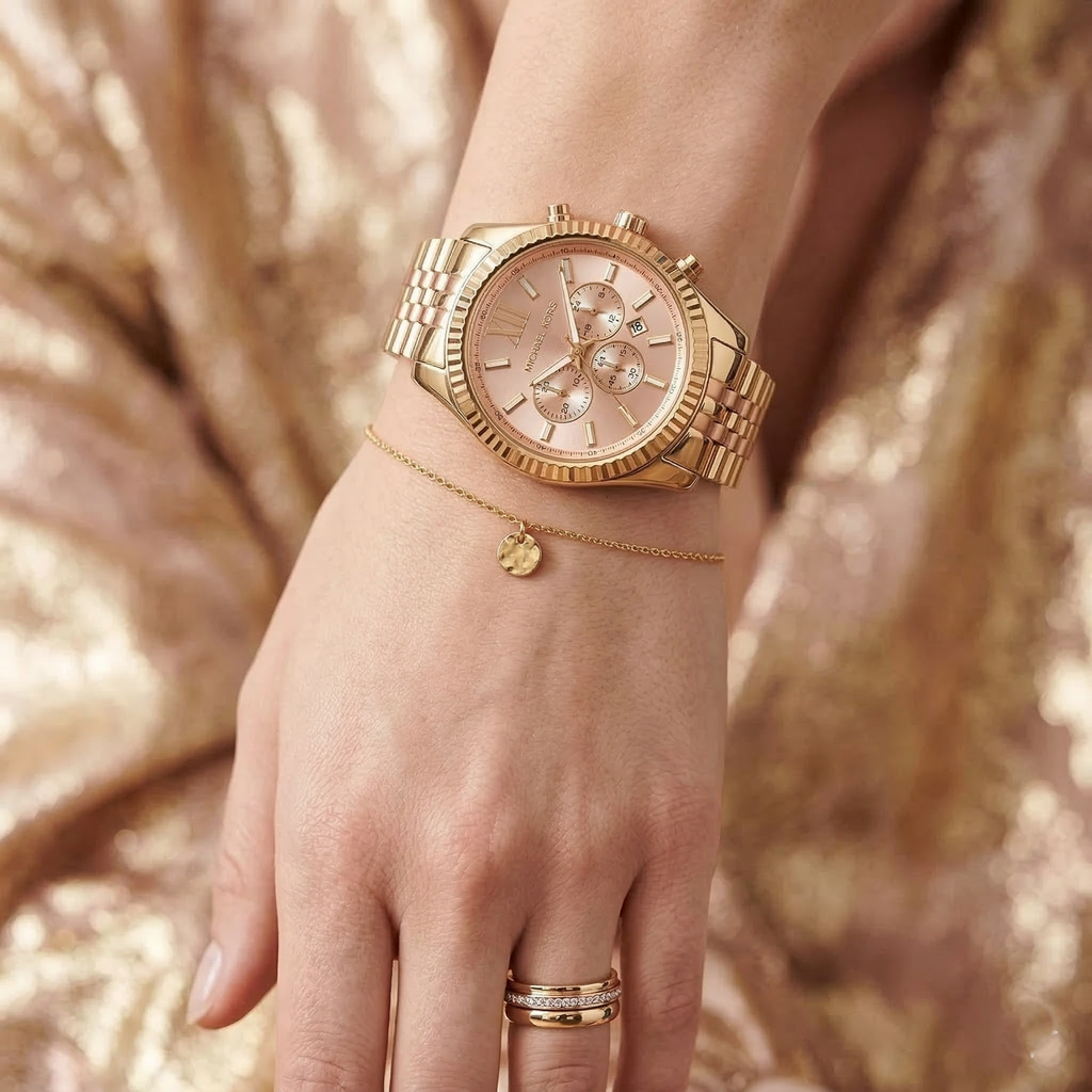 Michael Kors Lexington MK6473 38mm Women's Chronograph Watch – Sunray Rose Gold with Two-Tone Stainless Steel Bracelet