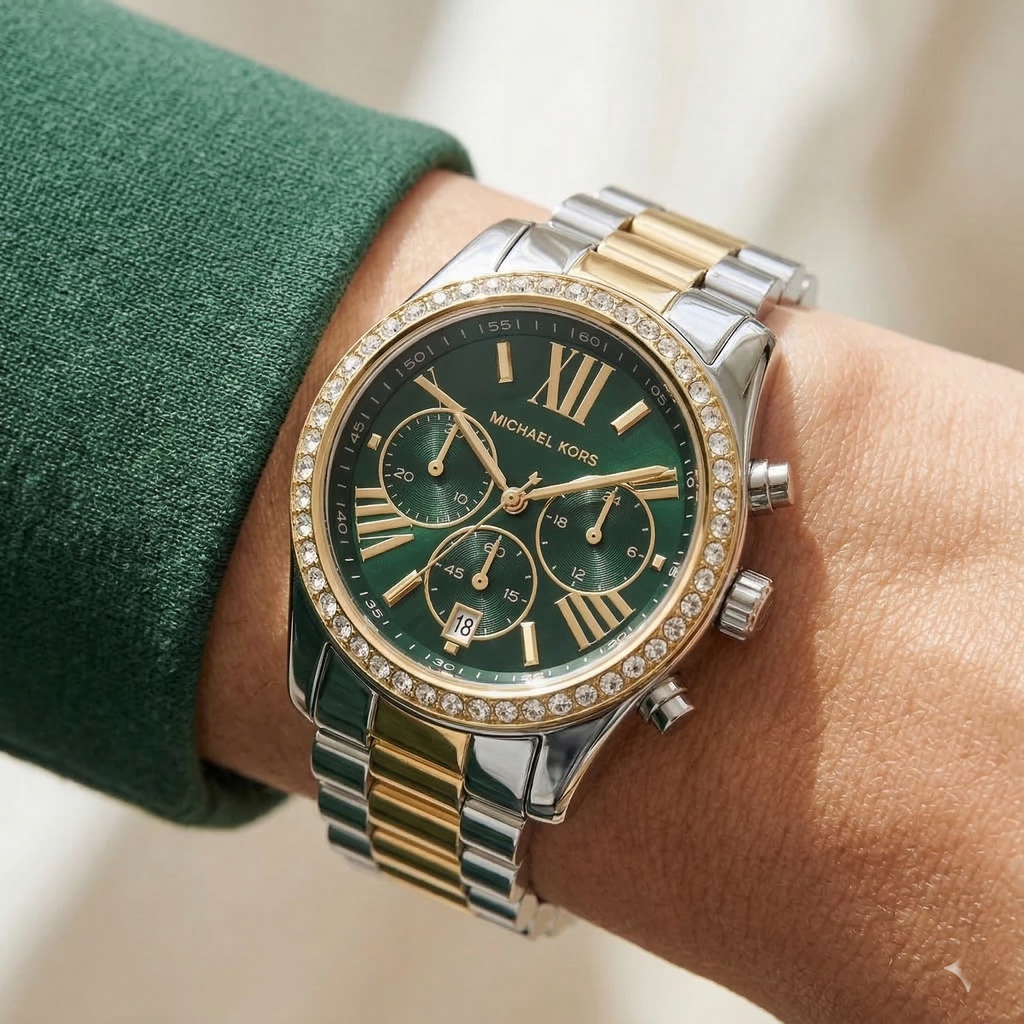 Michael Kors Lexington MK7303 38mm Women's Chronograph Watch – Sunray Green with Two-Tone Stainless Steel Bracelet