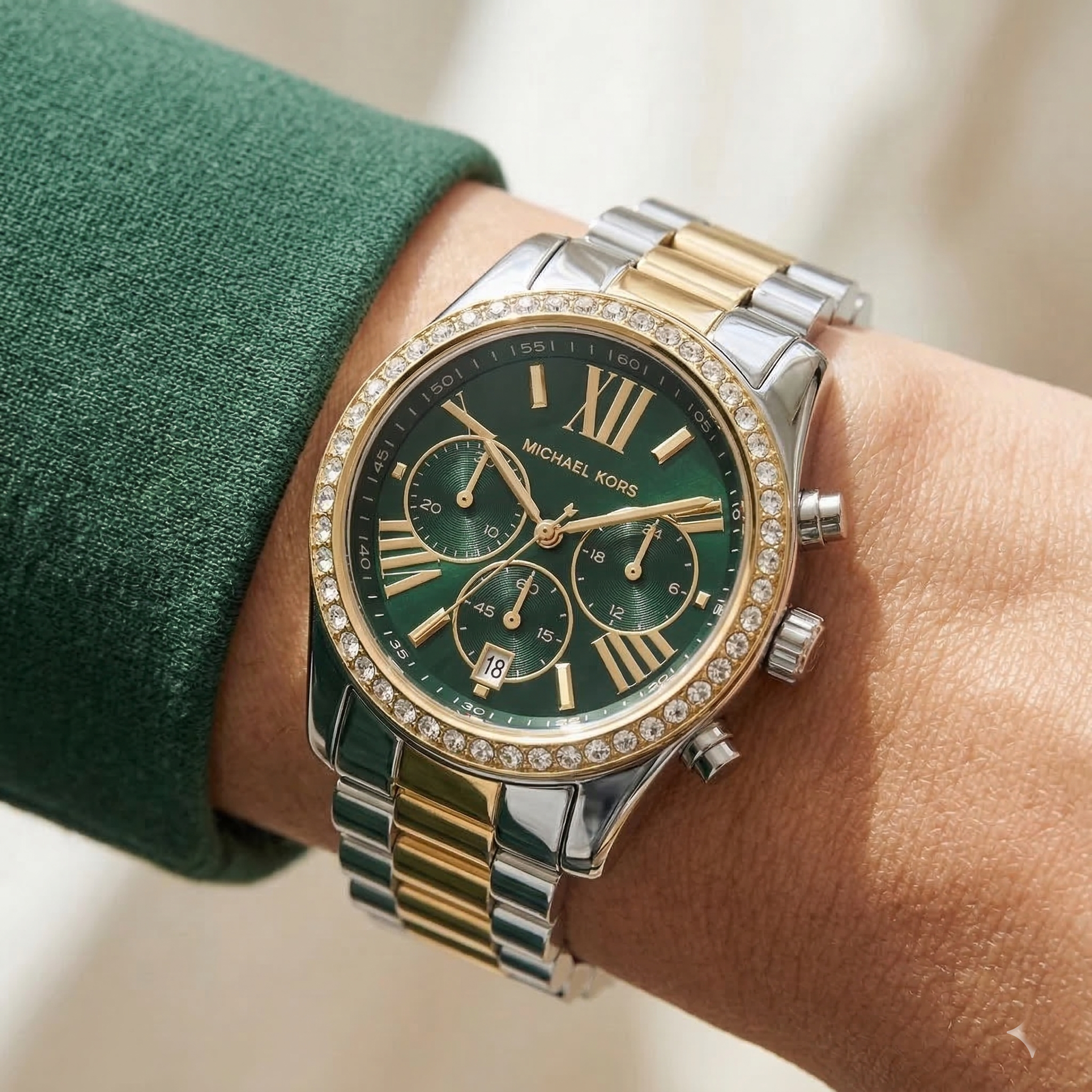 Michael Kors Lexington MK7303 38mm Women's Chronograph Watch – Sunray Green with Two-Tone Stainless Steel Bracelet