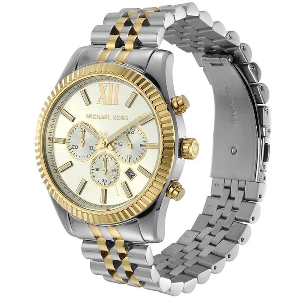 Michael Kors Lexington MK8344 45mm Men's Chronograph Watch – Silver & Two-Tone Silver and Gold Stainless Steel Bracelet