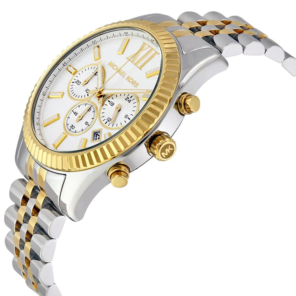 Michael Kors Lexington MK8344 45mm Men's Chronograph Watch – Silver & Two-Tone Silver and Gold Stainless Steel Bracelet
