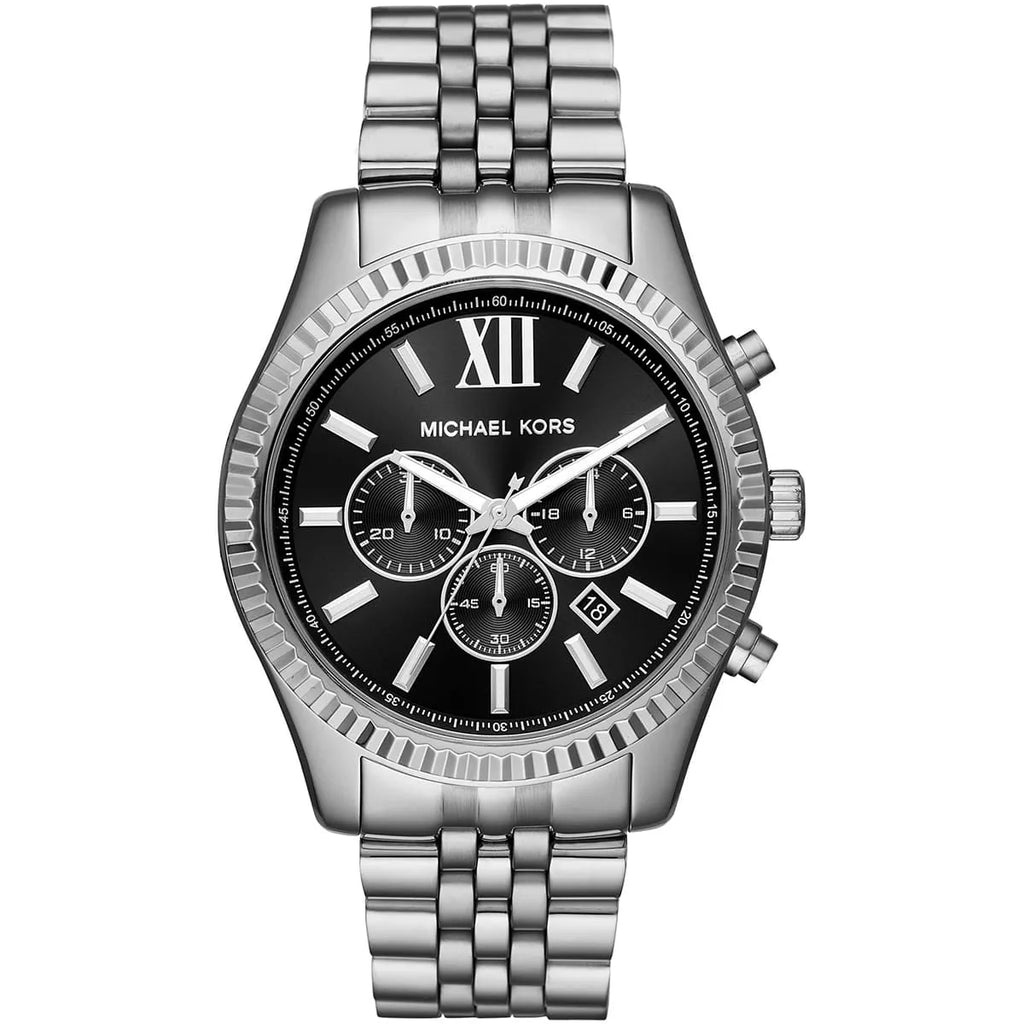 Michael Kors Lexington MK8602 44mm Men's Chronograph Watch – Black Sunray & Silver Stainless Steel Bracelet