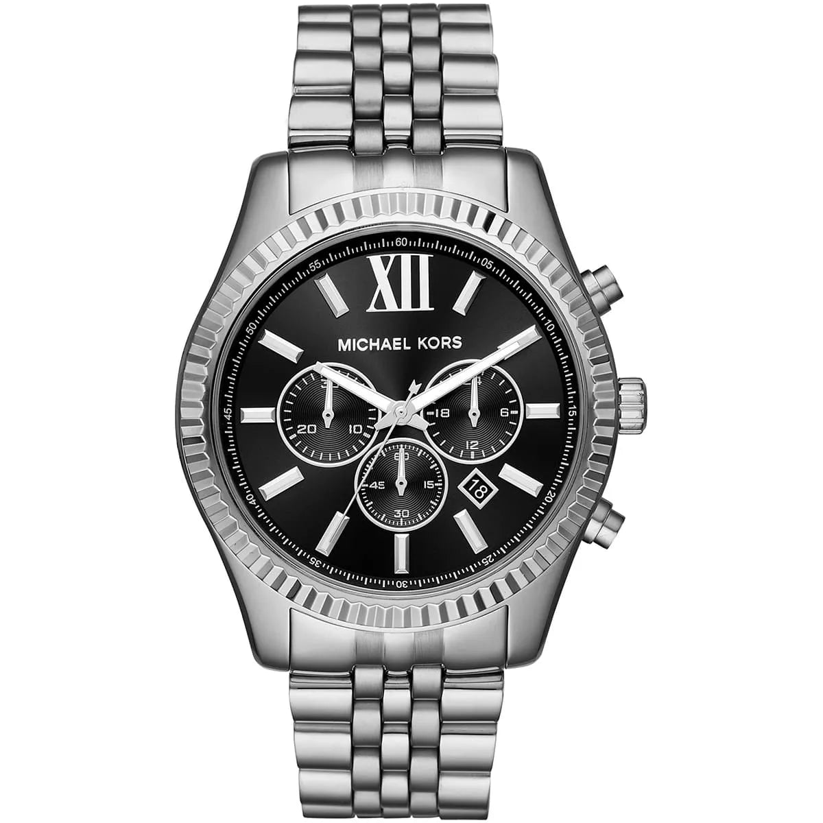 Michael Kors Lexington MK8602 44mm Men's Chronograph Watch – Black Sunray & Silver Stainless Steel Bracelet