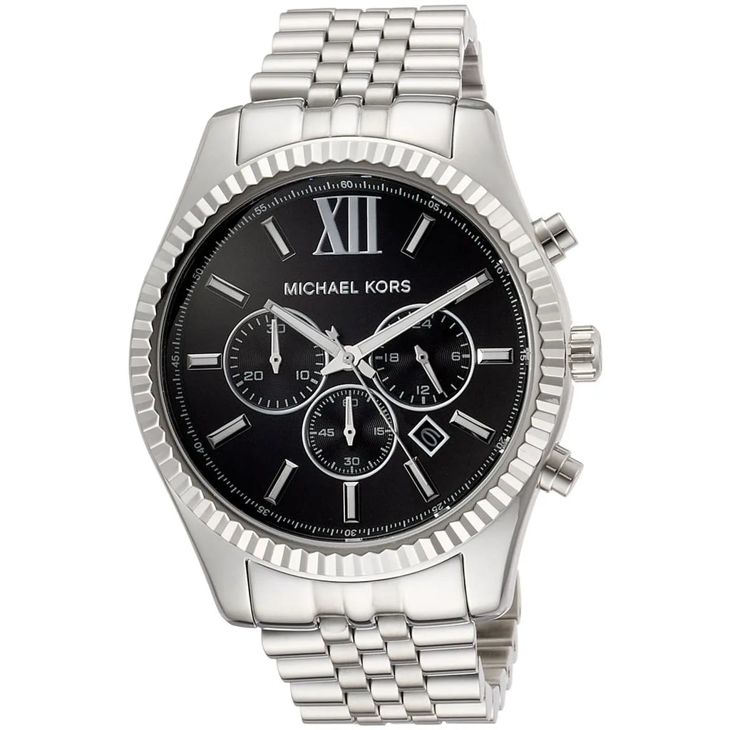 Michael Kors Lexington MK8602 44mm Men's Chronograph Watch – Black Sunray & Silver Stainless Steel Bracelet