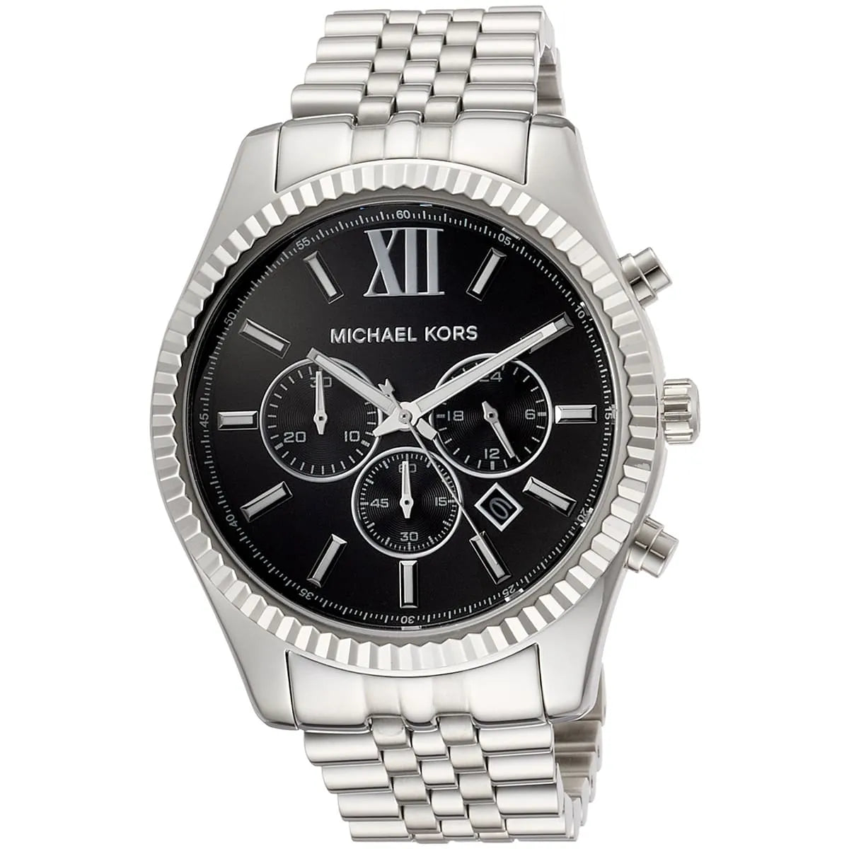 Michael Kors Lexington MK8602 44mm Men's Chronograph Watch – Black Sunray & Silver Stainless Steel Bracelet