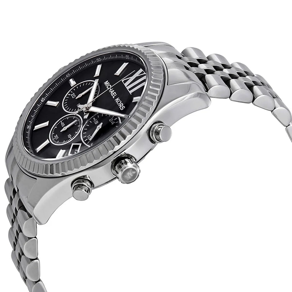 Michael Kors Lexington MK8602 44mm Men's Chronograph Watch – Black Sunray & Silver Stainless Steel Bracelet