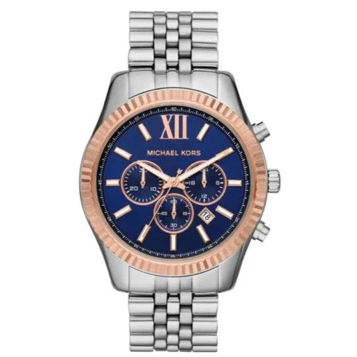 Michael Kors Lexington MK8689 44mm Men's Chronograph Watch – Navy Blue Sunray & Silver Stainless Steel Bracelet