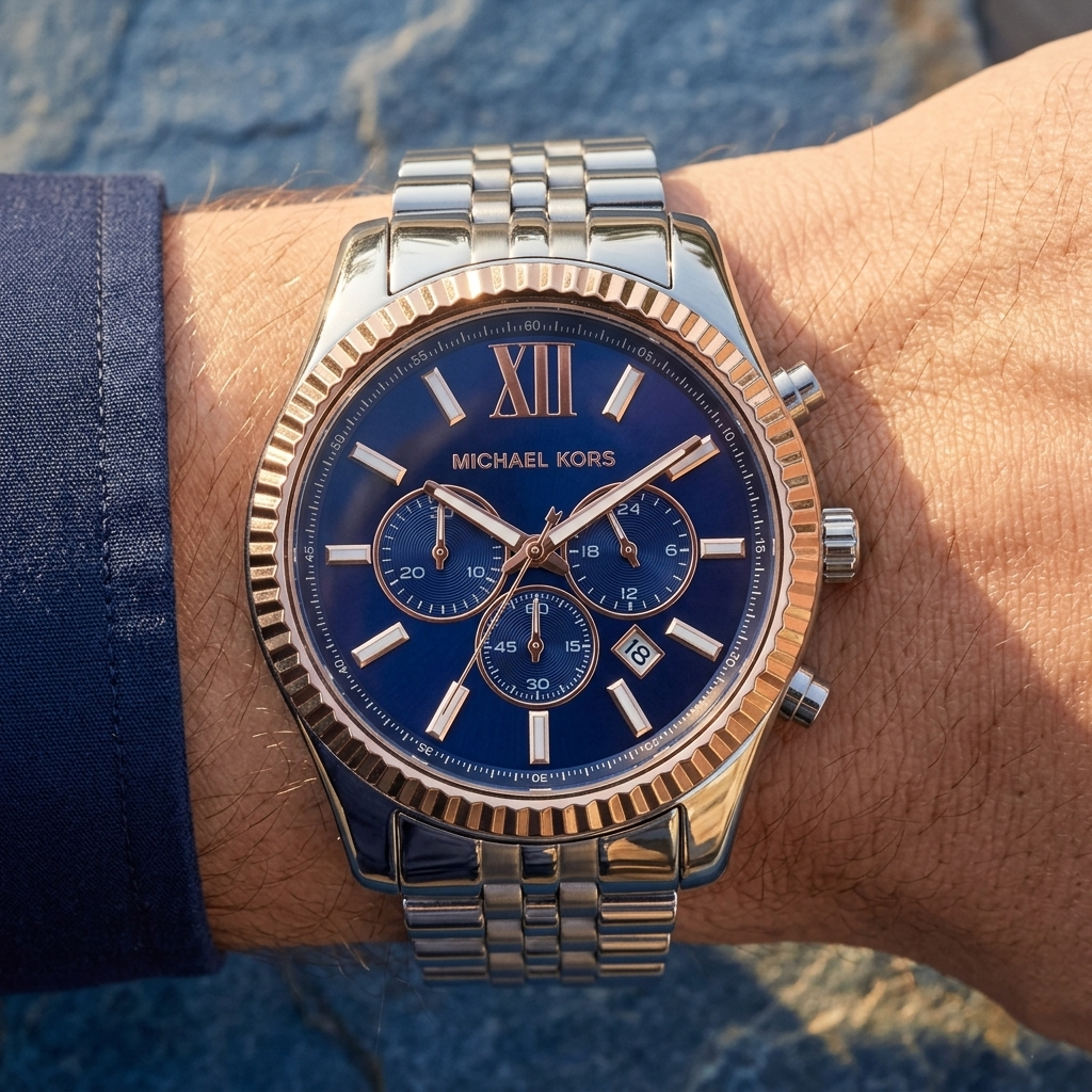 Michael Kors Lexington MK8689 44mm Men's Chronograph Watch – Navy Blue Sunray & Silver Stainless Steel Bracelet