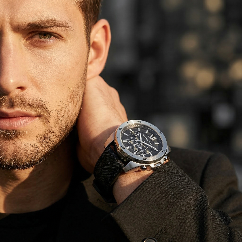 Michael Kors Brecken MK8850 45mm Men's Chronograph Watch – Black Textured & Black Rubber Strap