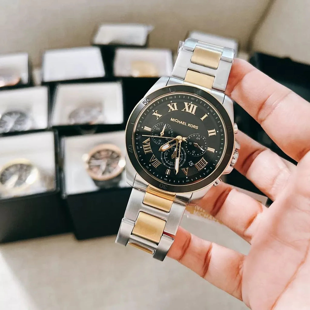 Michael Kors Alek MK8901 44mm Men's Chronograph Watch – Black Sunray & Two-Tone Silver and Gold Stainless Steel Bracelet