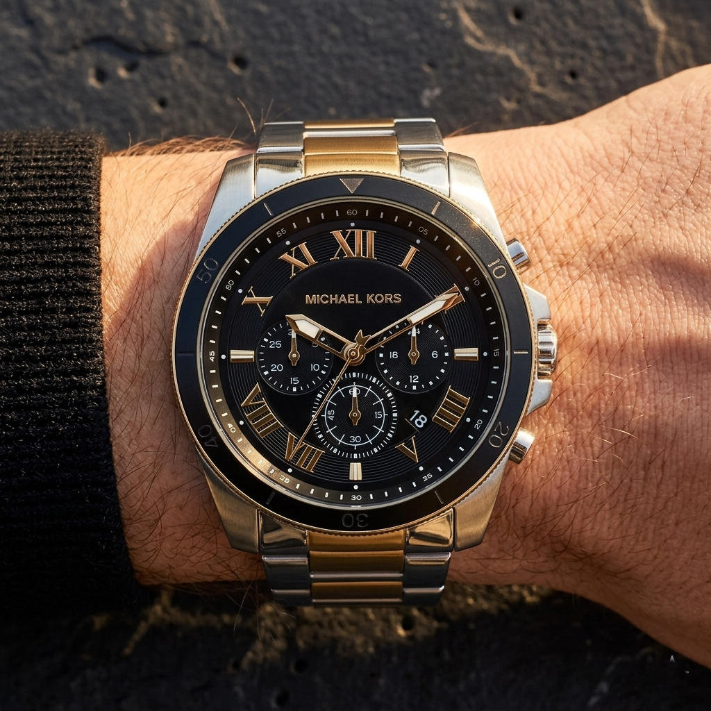 Michael Kors Alek MK8901 44mm Men's Chronograph Watch – Black Sunray & Two-Tone Silver and Gold Stainless Steel Bracelet