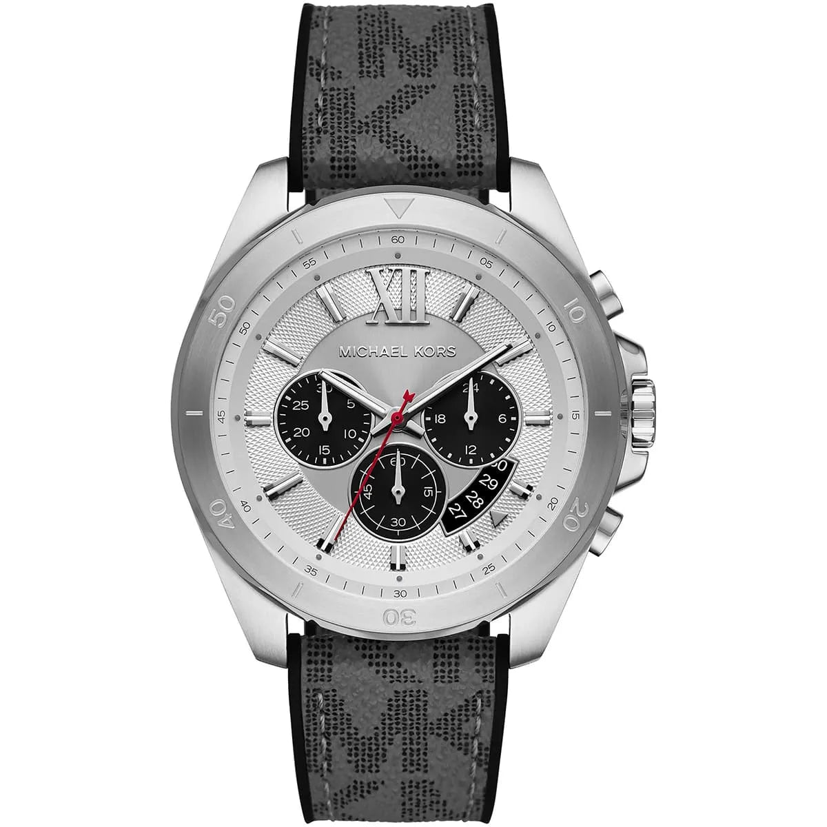 Michael Kors Brecken MK8922 45mm Men's Chronograph Watch – Silver Sunray & Grey Rubber Strap