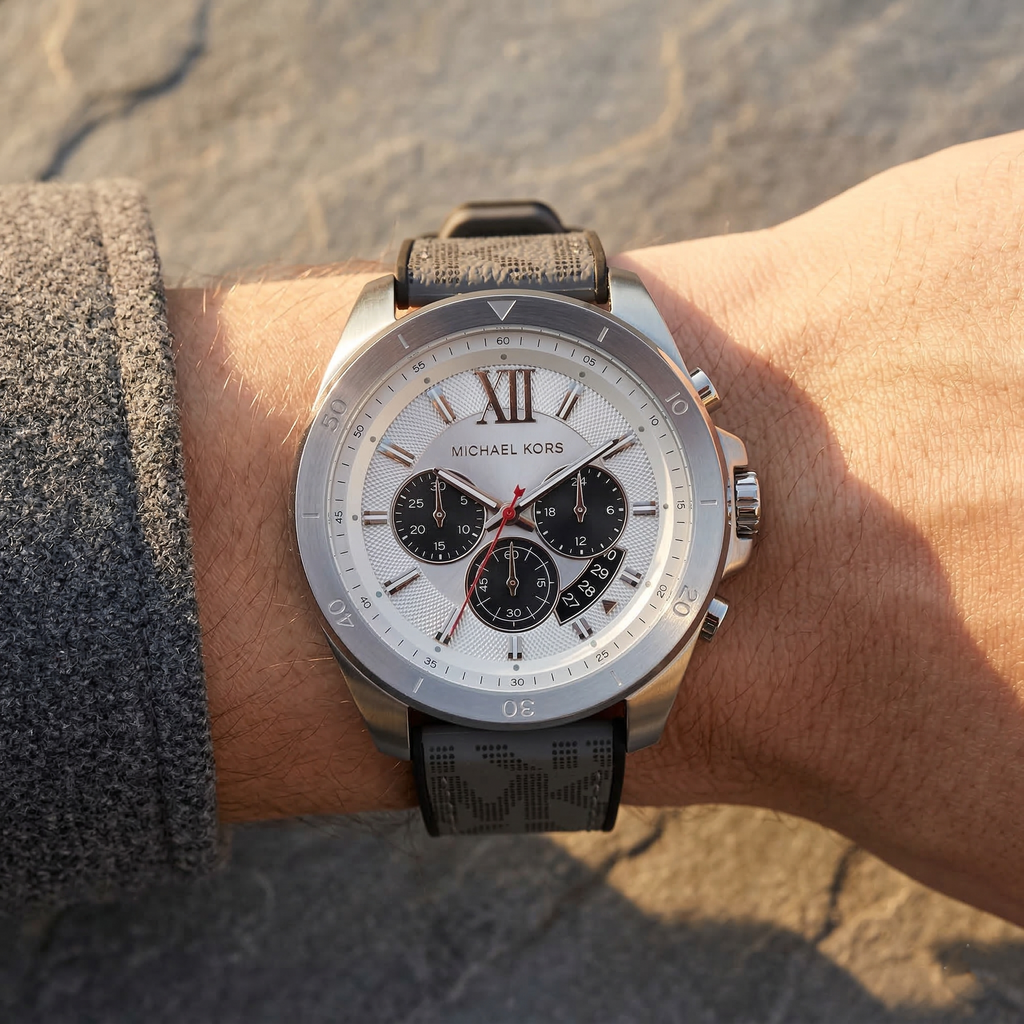 Michael Kors Brecken MK8922 45mm Men's Chronograph Watch – Silver Sunray & Grey Rubber Strap