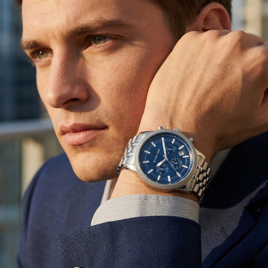 Michael Kors Hutton MK8952 43mm Men's Chronograph Watch – Blue Textured & Silver Stainless Steel Bracelet