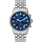 Michael Kors Hutton MK8952 43mm Men's Chronograph Watch – Blue Textured & Silver Stainless Steel Bracelet