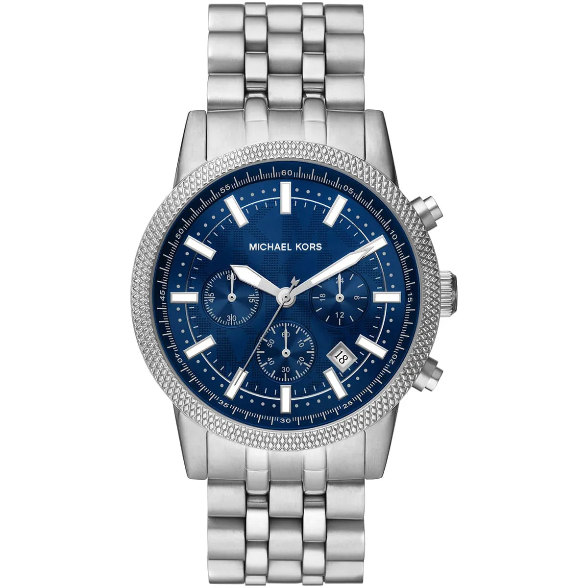 Michael Kors Hutton MK8952 43mm Men's Chronograph Watch – Blue Textured & Silver Stainless Steel Bracelet