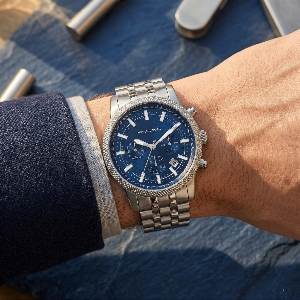 Michael Kors Hutton MK8952 43mm Men's Chronograph Watch – Blue Textured & Silver Stainless Steel Bracelet