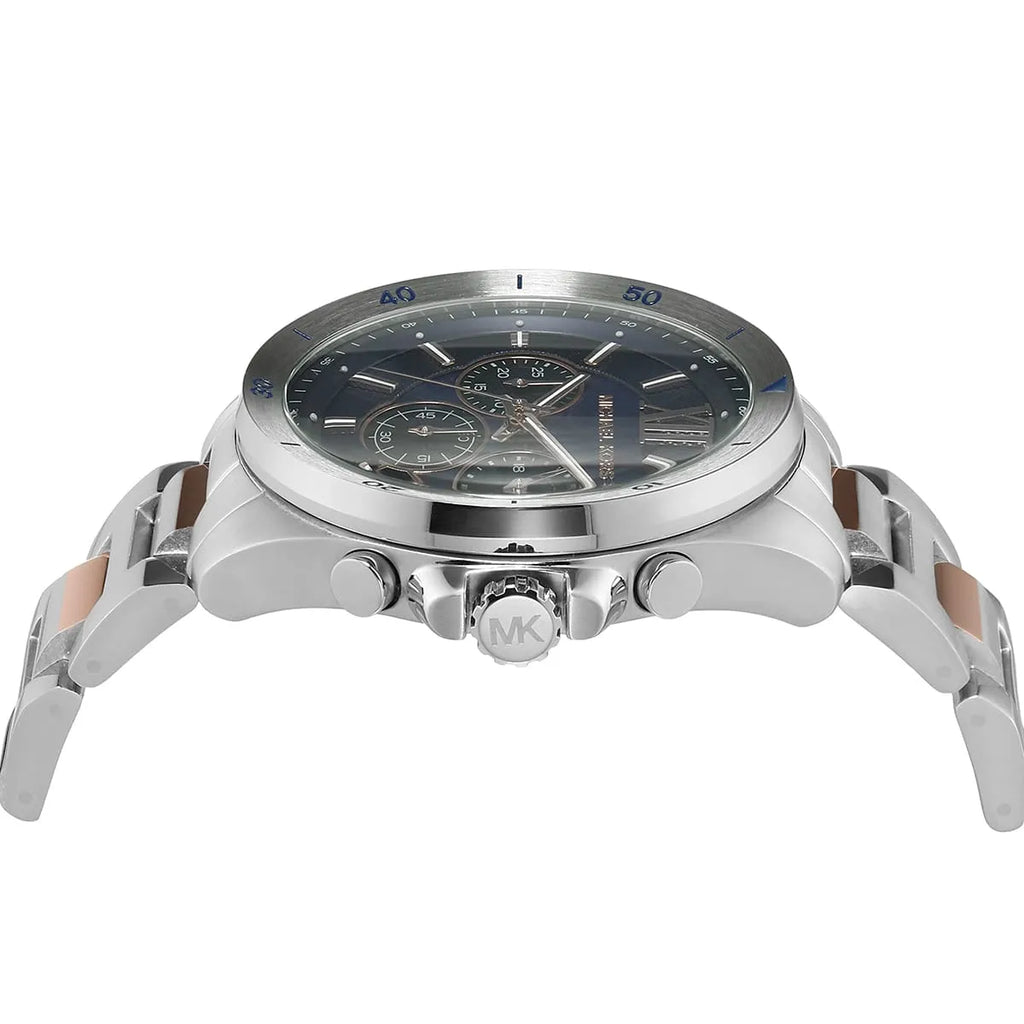 Michael Kors Brecken MK9065 44mm Men's Chronograph Watch – Navy Blue Textured & Two-Tone Silver and Gold Stainless Steel Bracelet