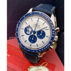 Omega Speedmaster “Silver Snoopy Award” 50th Anniversary Master Quality Watch – White Dial & Navy Leather Strap