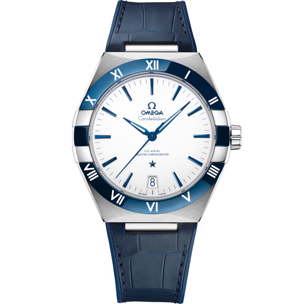 Omega Constellation 41mm Master Quality Watch – White Dial, Blue Ceramic Bezel & Blue Leather Strap