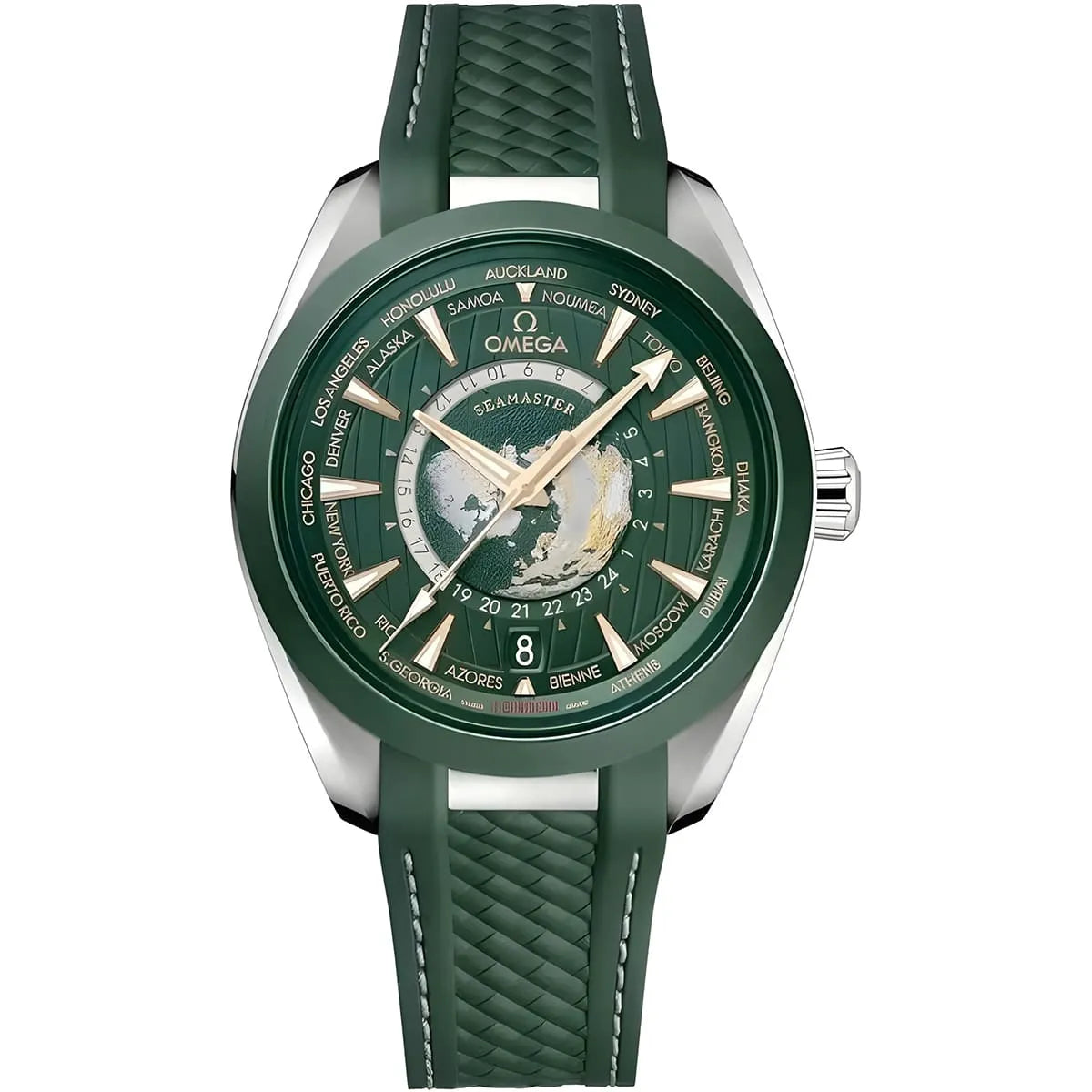 Omega Seamaster Aqua Terra Worldtimer 43mm Master Quality Watch – Summer Green Dial & Green Rubber Strap