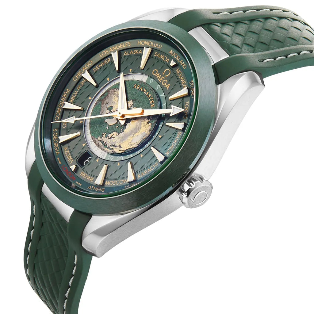 Omega Seamaster Aqua Terra Worldtimer 43mm Master Quality Watch – Summer Green Dial & Green Rubber Strap
