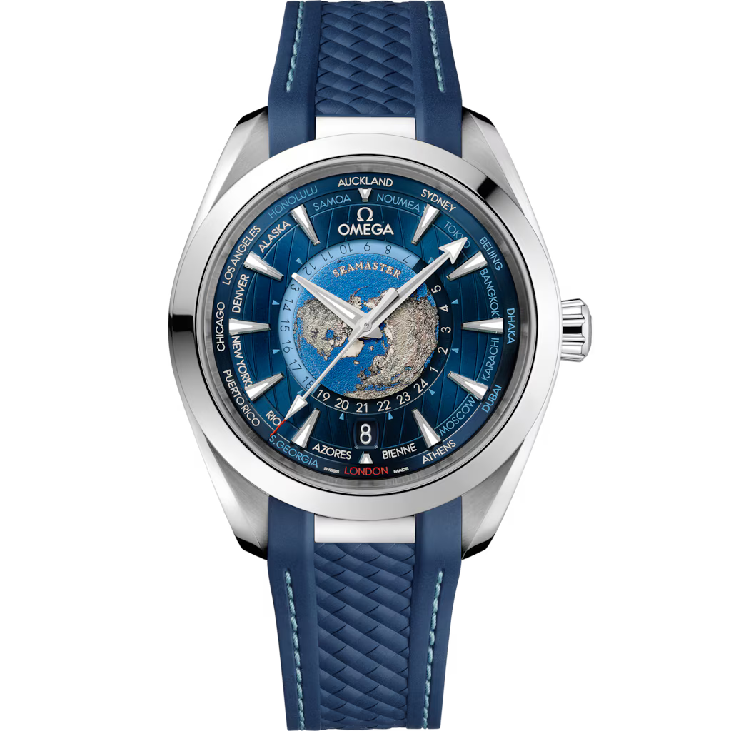 Omega Seamaster Aqua Terra Worldtimer 43mm Master Quality Watch – Dark Blue Dial & Blue Rubber Strap