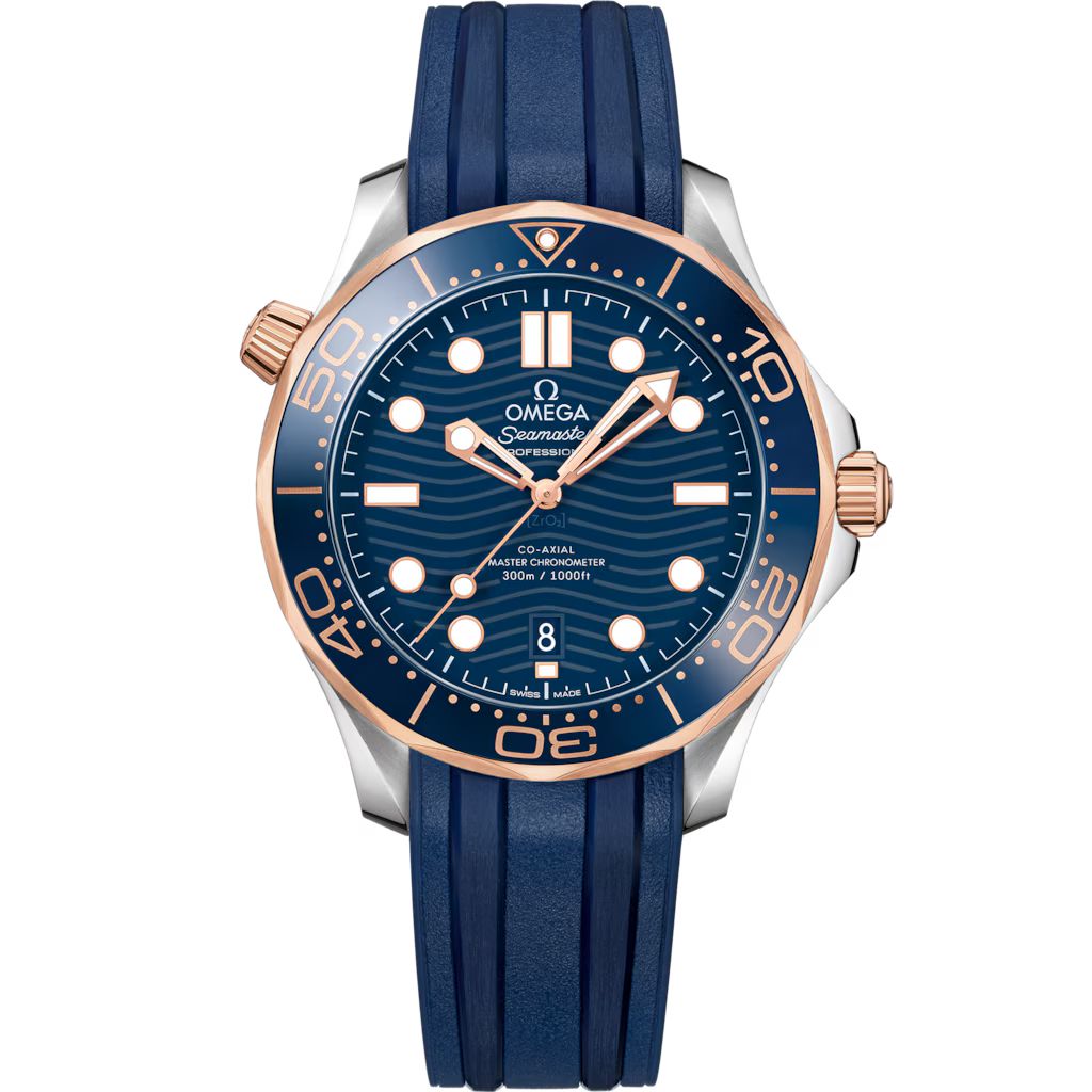 Omega Seamaster Diver 300M 42mm Master Quality Watch – Blue Dial, Rose Gold-Tone Bezel & Blue Rubber Strap
