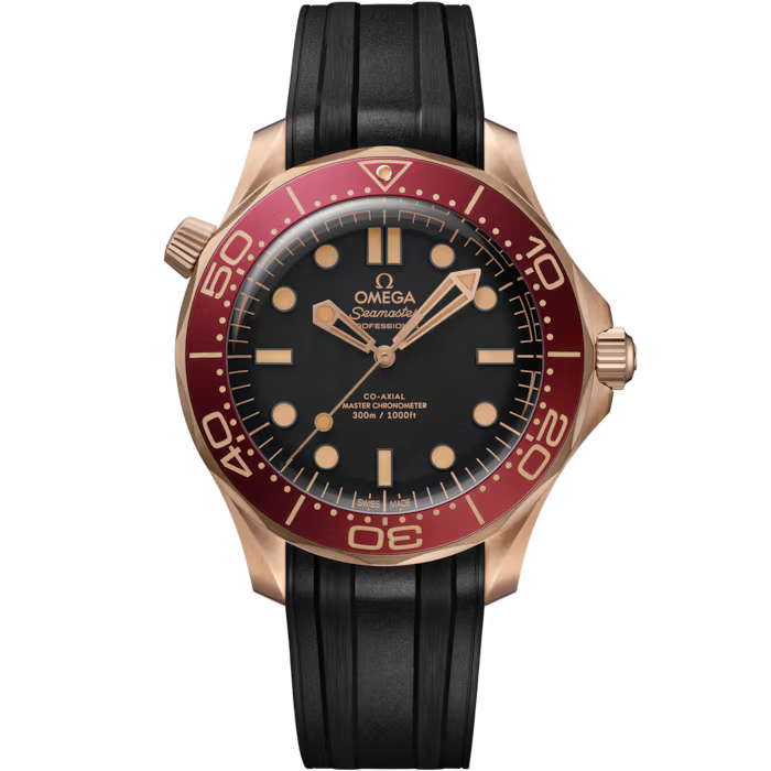 Omega Seamaster Diver 300M 42mm Master Quality Watch – Black Dial, Burgundy Bezel, Bronze Gold-Tone Case & Black Rubber Strap