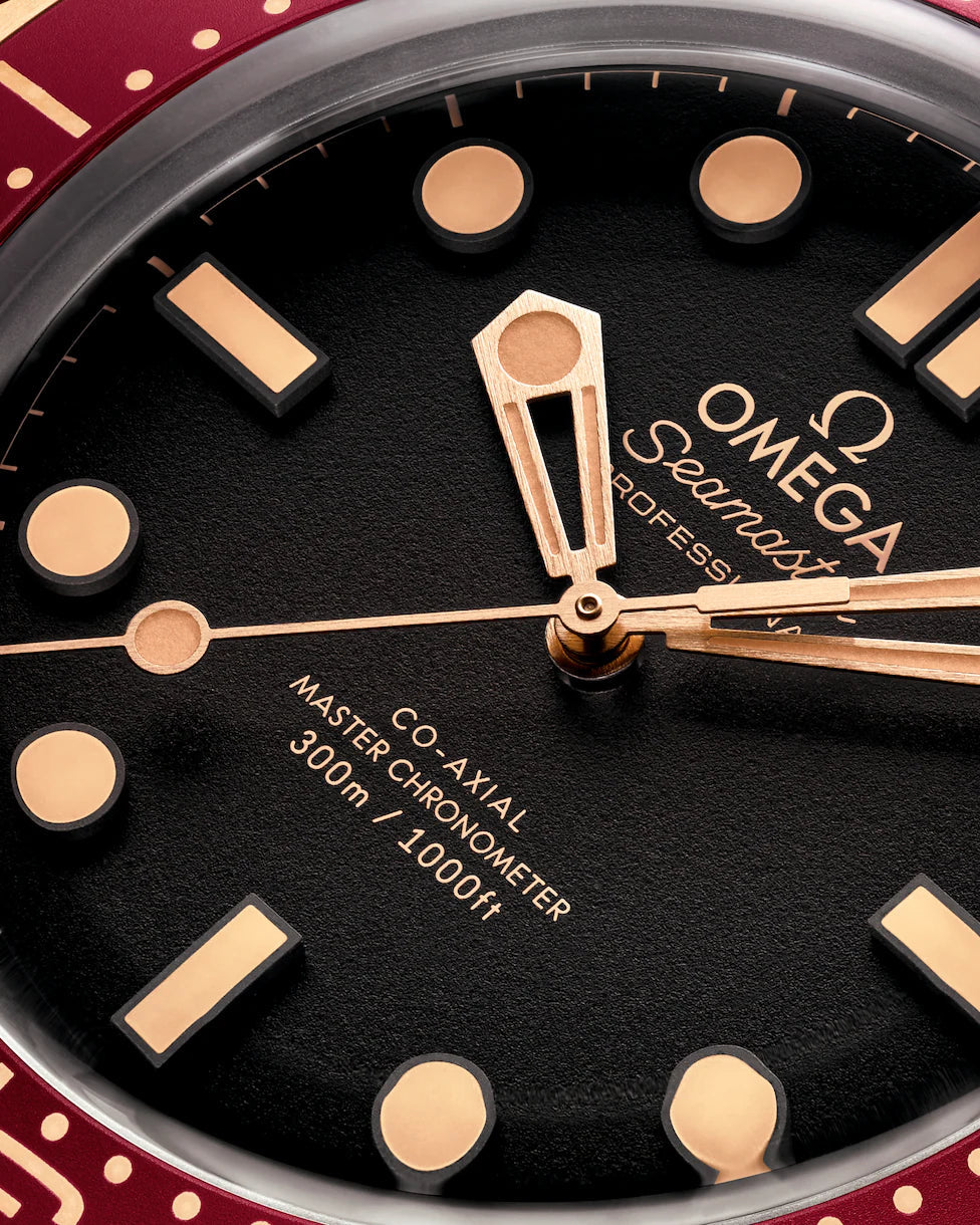 Omega Seamaster Diver 300M 42mm Master Quality Watch – Black Dial, Burgundy Bezel, Bronze Gold-Tone Case & Black Rubber Strap
