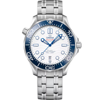 Omega Seamaster Diver 300M 42mm Master Quality Watch – White Dial, Blue Bezel & Stainless Steel Bracelet
