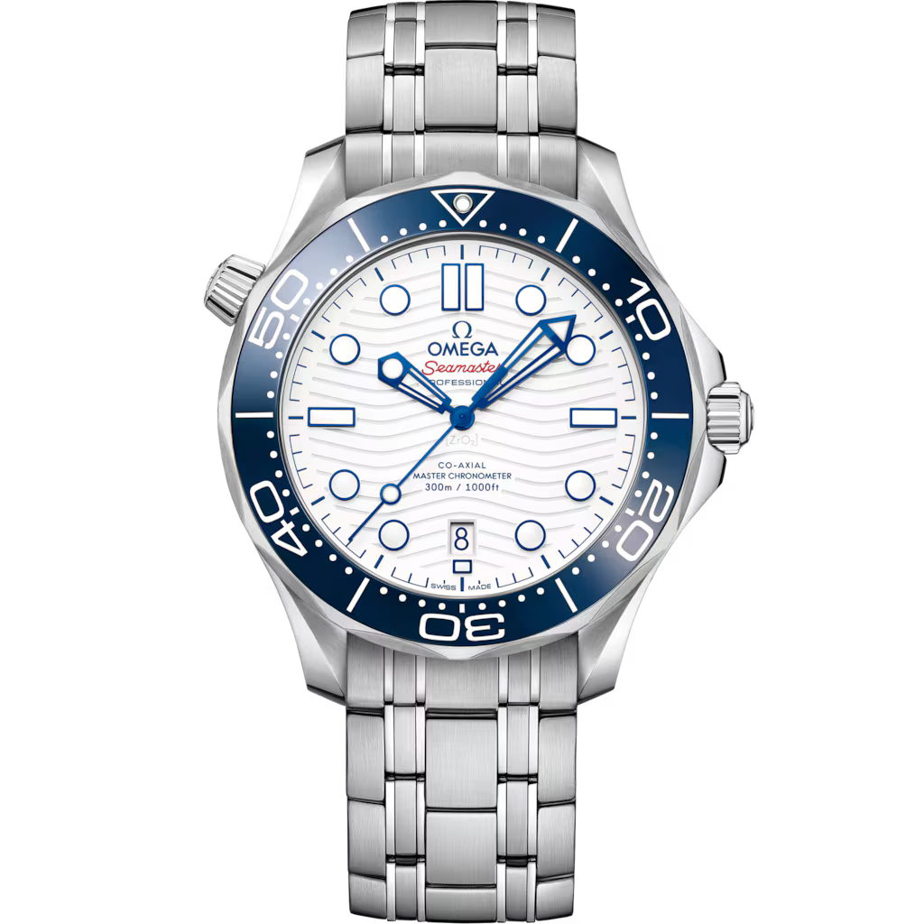 Omega Seamaster Diver 300M 42mm Master Quality Watch – White Dial, Blue Bezel & Stainless Steel Bracelet