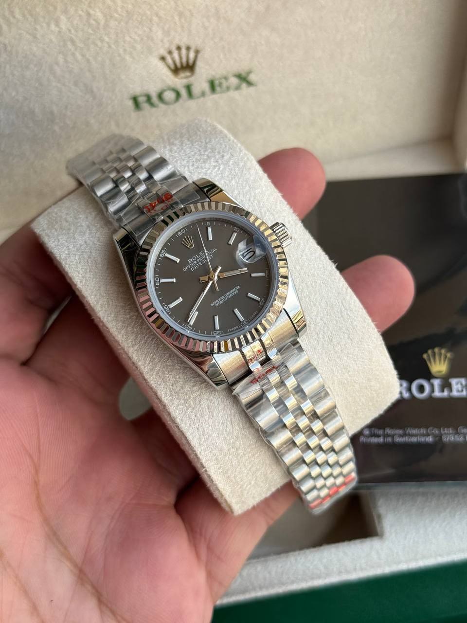 Rolex Datejust 31mm Women’s Master Quality Watch – Dark Brown Dial, Stainless Steel Jubilee Bracelet & Stainless Steel Fluted Bezel