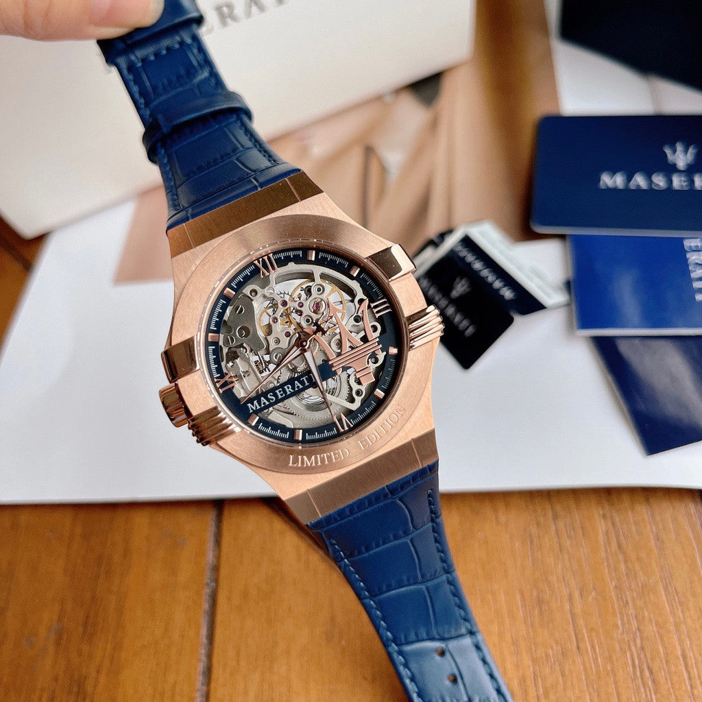 Maserati Potenza R8821108022 42mm Men’s Automatic Watch – Exquisite Skeleton Dial & Blue Alligator-Pattern Leather Strap