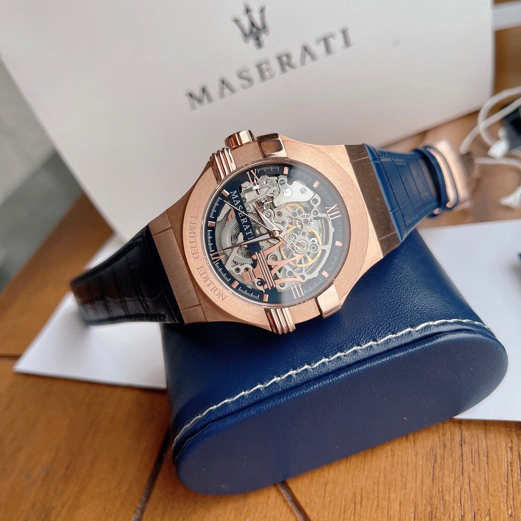 Maserati Potenza R8821108022 42mm Men’s Automatic Watch – Exquisite Skeleton Dial & Blue Alligator-Pattern Leather Strap