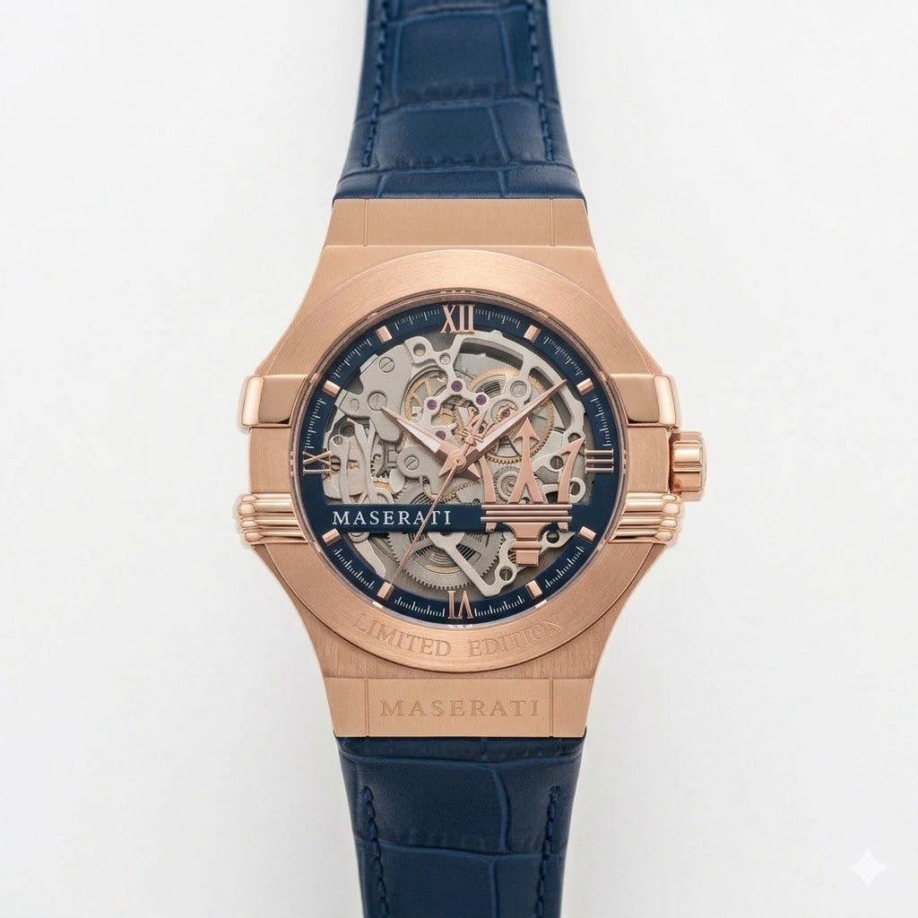 Maserati Potenza R8821108022 42mm Men’s Automatic Watch – Exquisite Skeleton Dial & Blue Alligator-Pattern Leather Strap
