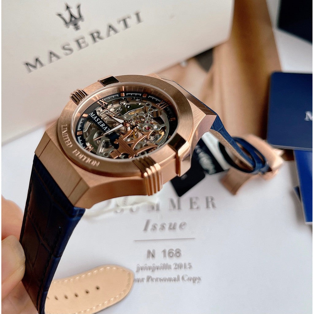 Maserati Potenza R8821108022 42mm Men’s Automatic Watch – Exquisite Skeleton Dial & Blue Alligator-Pattern Leather Strap