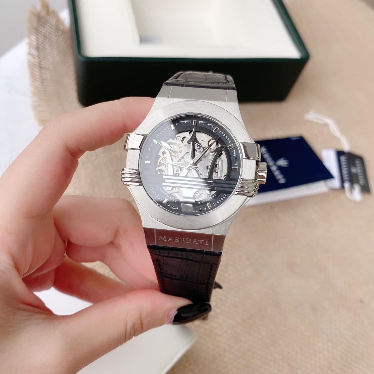 Maserati Potenza R8821108031 42mm Men’s Automatic Watch – Skeleton Dial & Black Croco-Embossed Leather Strap