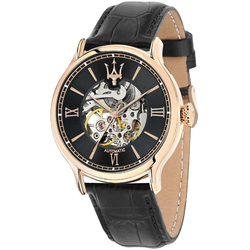 Maserati Epoca R8821118001 42mm Men’s Automatic Watch – Black Skeleton Dial & Black Alligator-Pattern Leather Strap