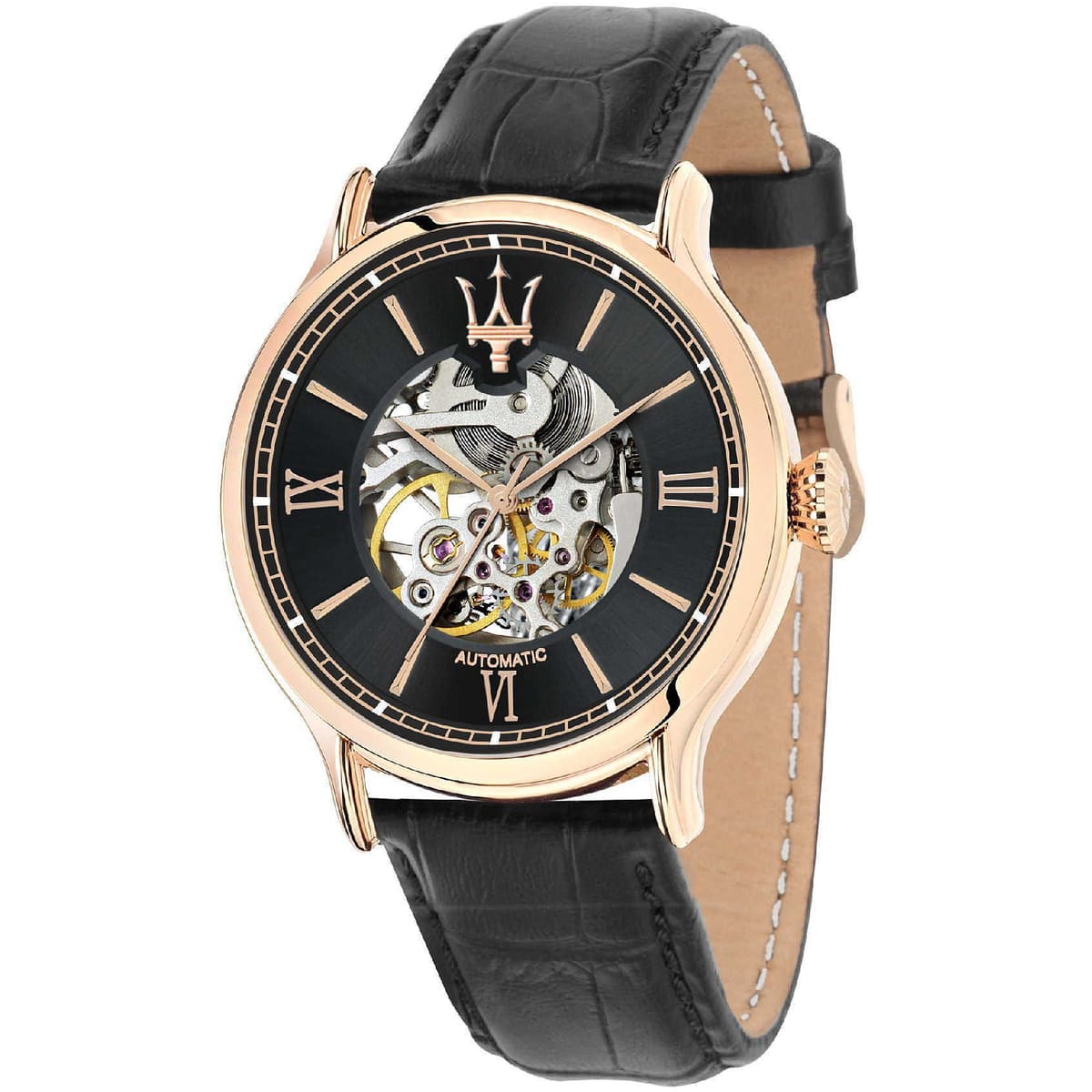 Maserati Epoca R8821118001 42mm Men’s Automatic Watch – Black Skeleton Dial & Black Alligator-Pattern Leather Strap