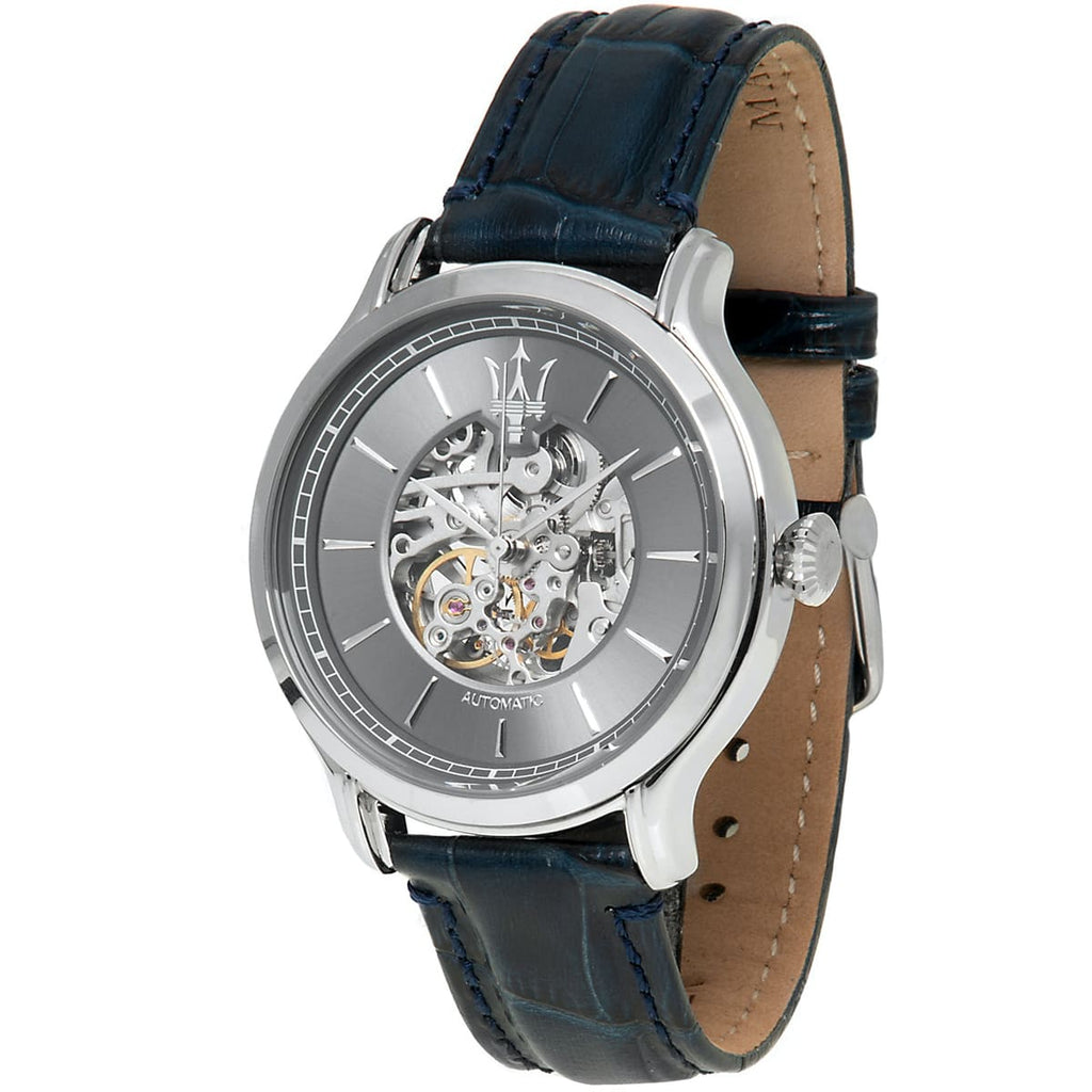 Maserati Epoca R8821118002 42mm Men’s Automatic Watch – Gray Skeleton Dial & Blue Alligator-Pattern Leather Strap