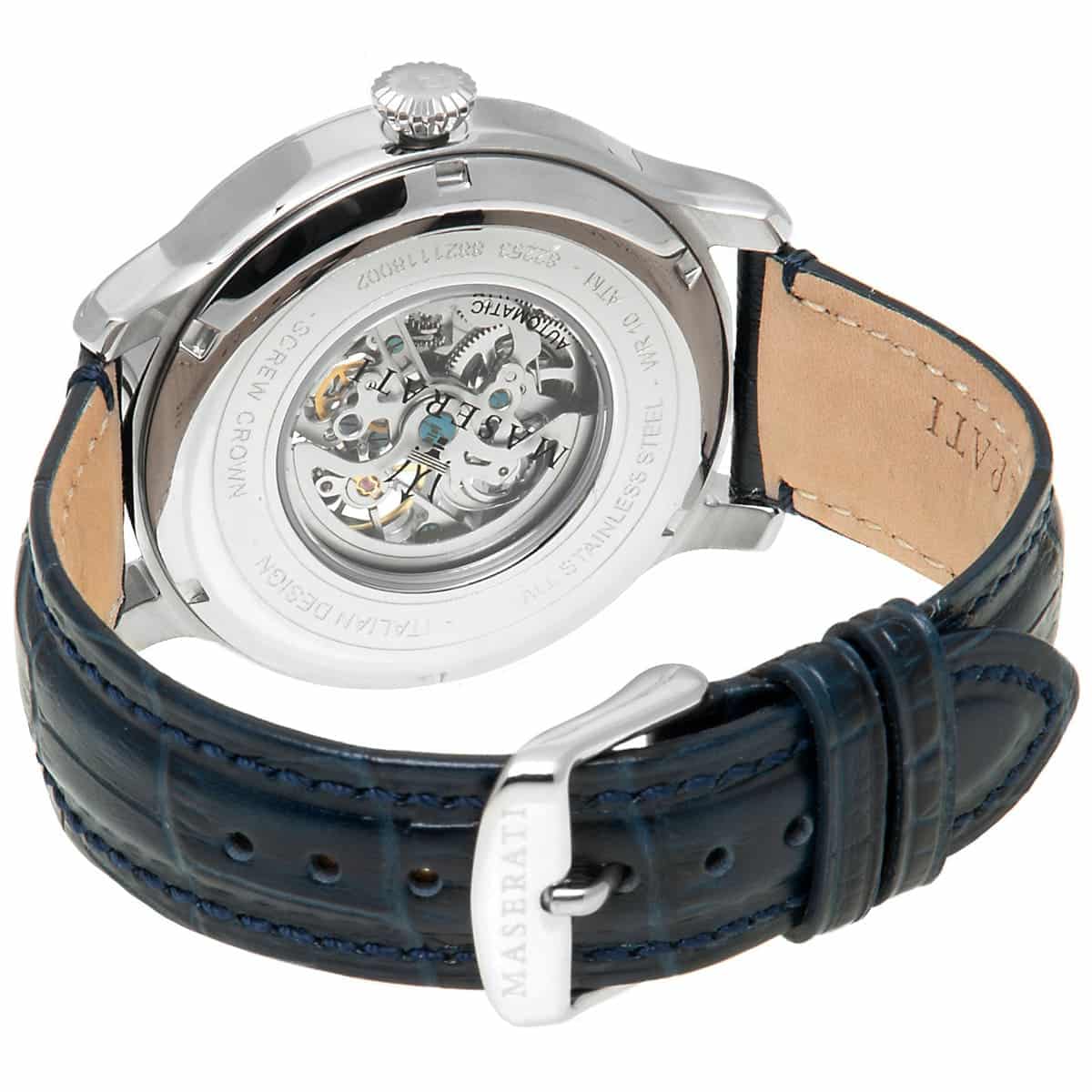Maserati Epoca R8821118002 42mm Men’s Automatic Watch – Gray Skeleton Dial & Blue Alligator-Pattern Leather Strap