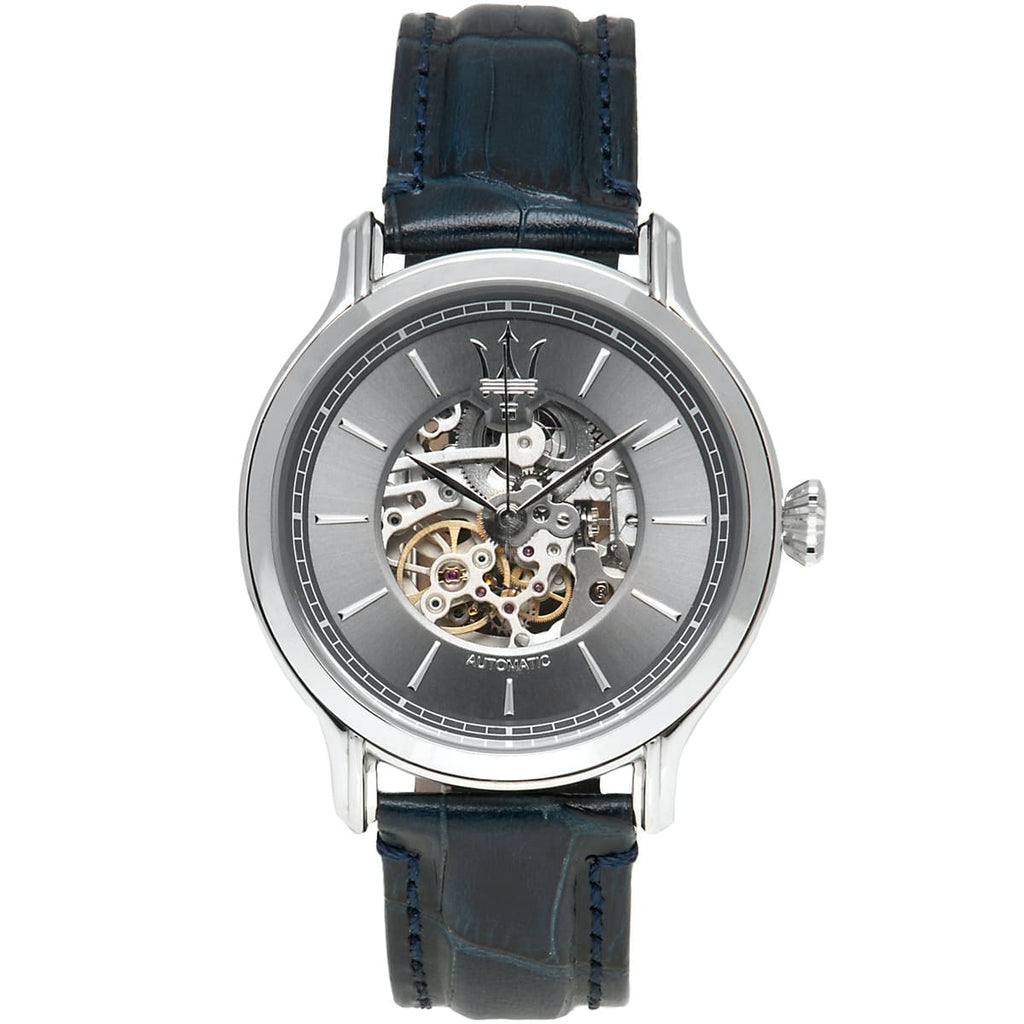 Maserati Epoca R8821118002 42mm Men’s Automatic Watch – Gray Skeleton Dial & Blue Alligator-Pattern Leather Strap