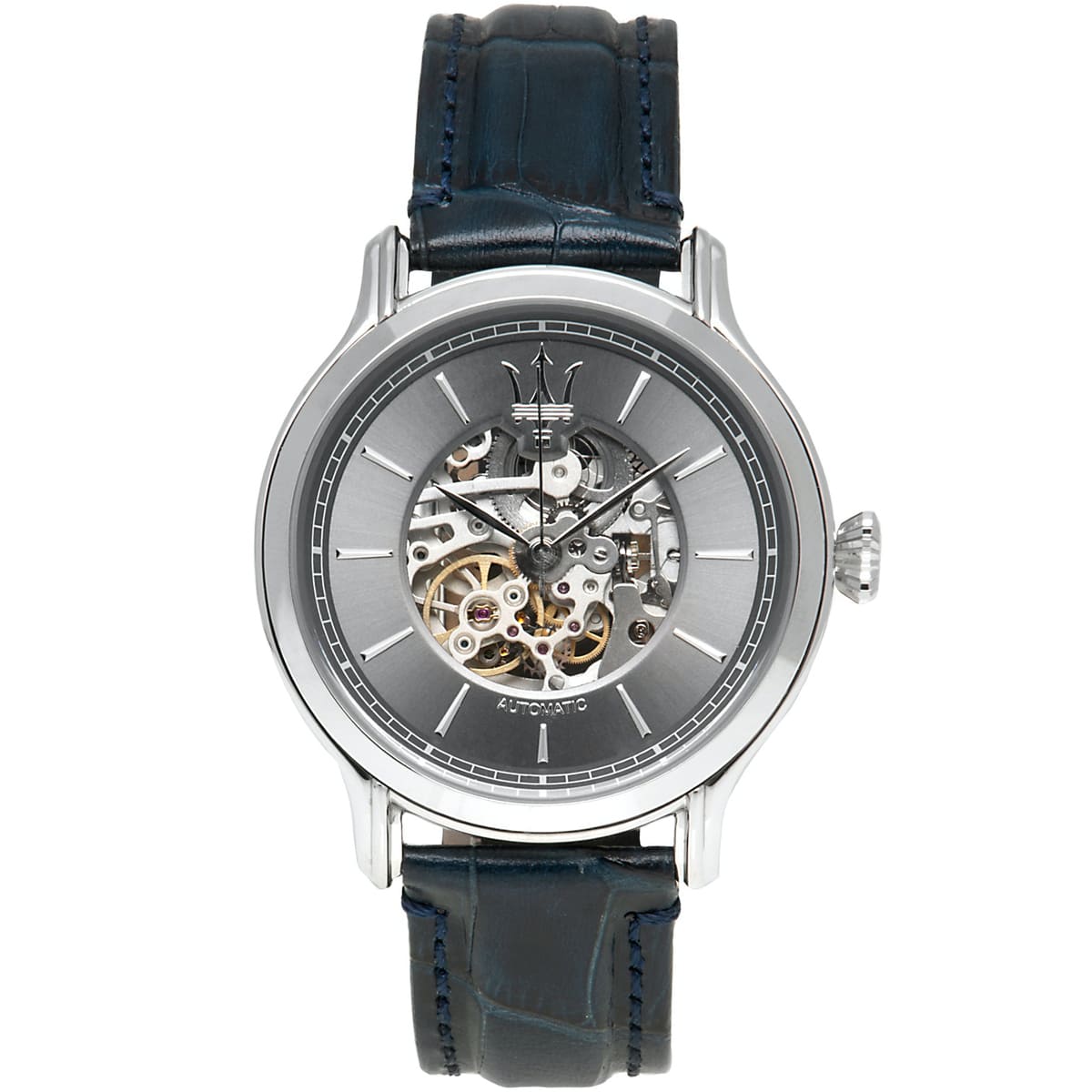 Maserati Epoca R8821118002 42mm Men’s Automatic Watch – Gray Skeleton Dial & Blue Alligator-Pattern Leather Strap