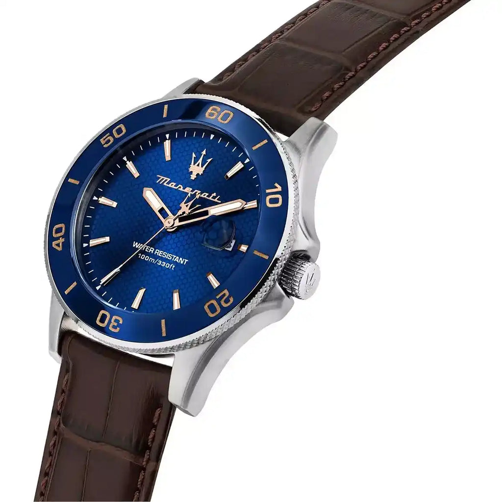 Maserati Competizione R8851100004 43mm Men’s Quartz Watch – Blue Honeycomb-Textured Dial & Brown Leather Strap
