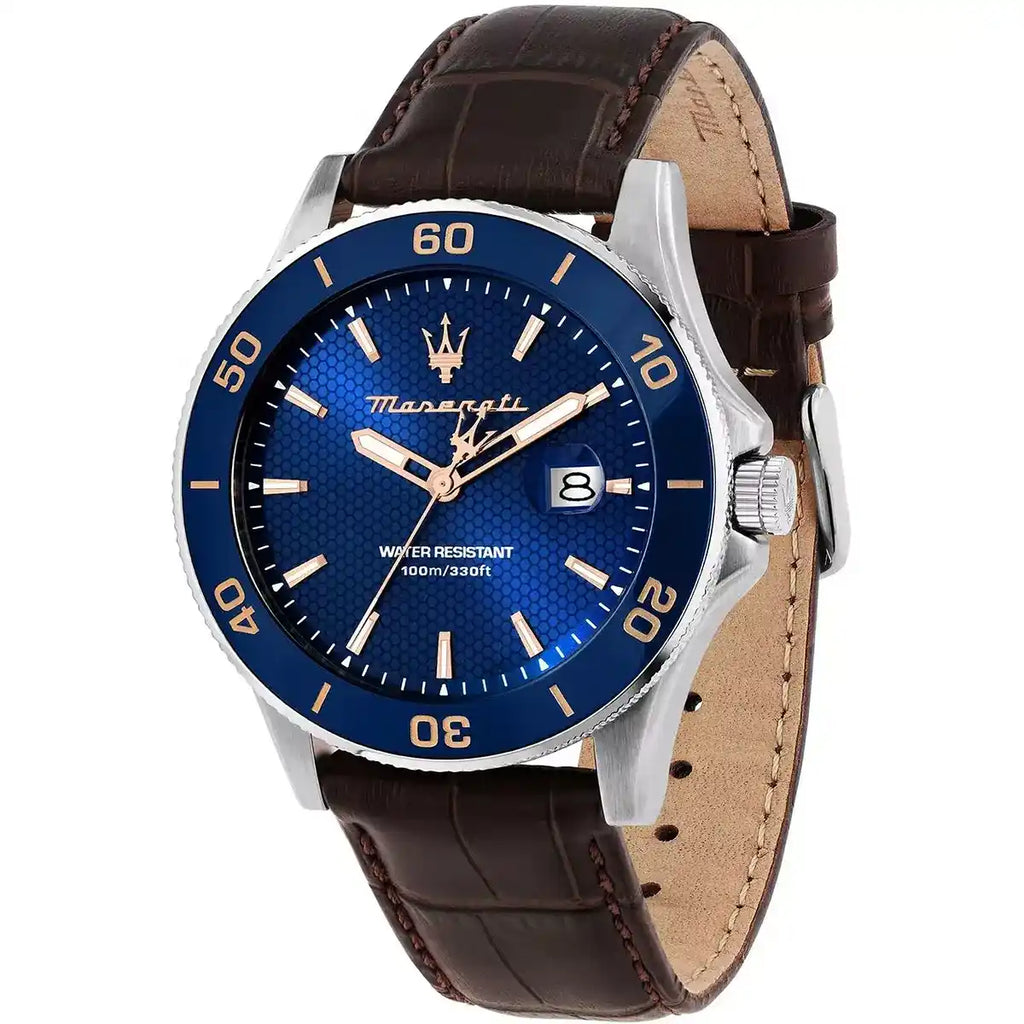 Maserati Competizione R8851100004 43mm Men’s Quartz Watch – Blue Honeycomb-Textured Dial & Brown Leather Strap