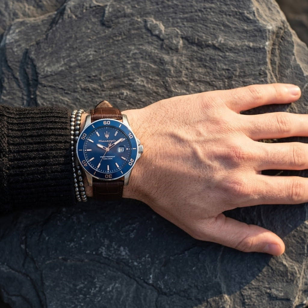 Maserati Competizione R8851100004 43mm Men’s Quartz Watch – Blue Honeycomb-Textured Dial & Brown Leather Strap