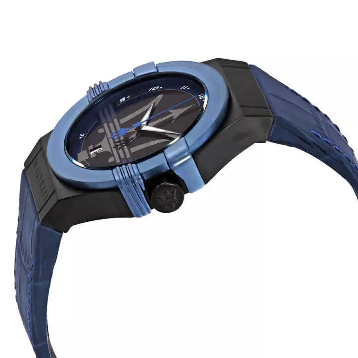 Maserati Potenza R8851108007 42mm Men’s Quartz Watch – Black Dial & Blue Alligator-Pattern Leather Strap