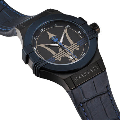 Maserati Potenza R8851108007 42mm Men’s Quartz Watch – Black Dial & Blue Alligator-Pattern Leather Strap